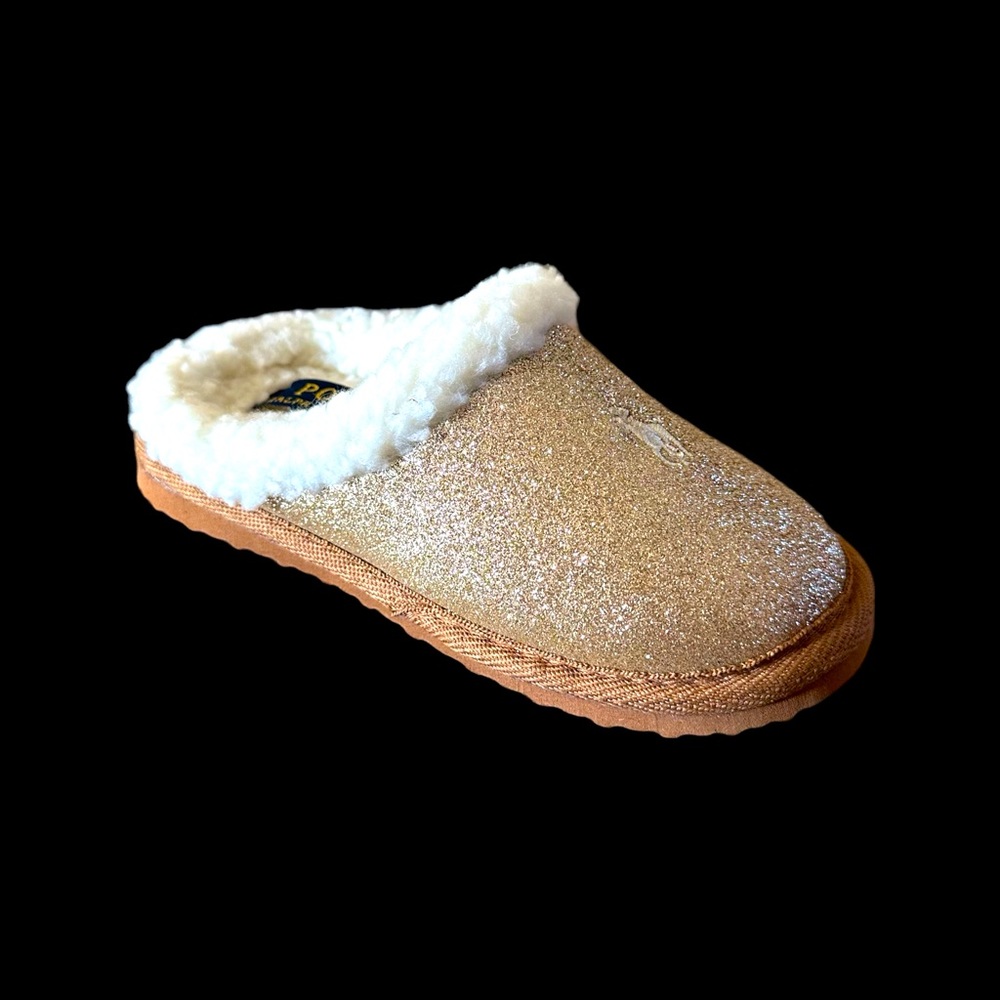 NWT Polo Ralph Lauren Gold Glitter Charlotte Scuff Slippers 13 (Little Kid)